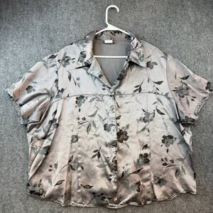 Fashion Bug Floral Blouse Women Short Sleeve Button Front Gray Vintage